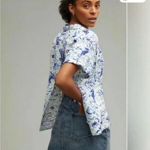 Maeve Classic Surf Shirt, Linen bBlend Split Back,Short-Sleeve Button-Up